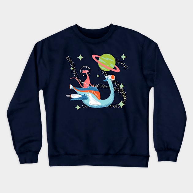 Mid-Century Modern Atomic Cat on Space Speeder Bike Crewneck Sweatshirt by ksrogersdesigns